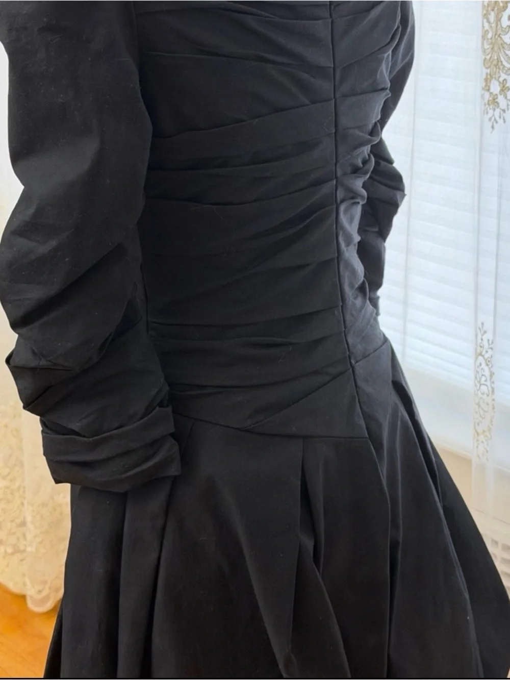 KHAITE Black Long-Sleeve Ruched Fit-and-Flare Dress